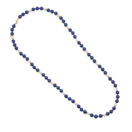 TIFFANY & CO. A GOLD, LAPIS LAZULI AND CULTURED PEARL NECKLACE image 1