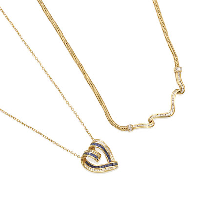 TWO GOLD, SAPPHIRE AND DIAMOND NECKLACES image 1