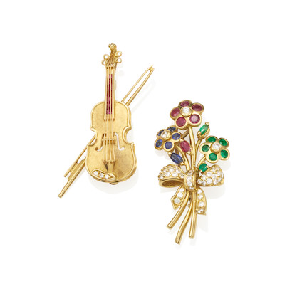 TWO GOLD, GEM-SET AND DIAMOND BROOCHES image 1
