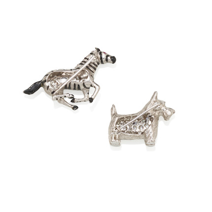 TWO WHITE GOLD, DIAMOND AND ENAMEL ANIMAL BROOCHES image 2