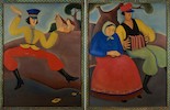 Thumbnail of Two Large Primitive Paintings of Russian Peasants image 1