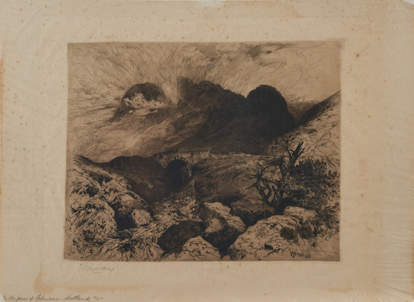 Thomas Moran (1837-1926) Bridge in the Pass of Glencoe, Scotland Signed 'Moran' in pencil lower left, signed and dated 'Moran 1882' within the matrix lower right. Etching on paper, image 9 1/4 x 11 3/4 in. (23.5 x 29.9 cm), unframed. image 1