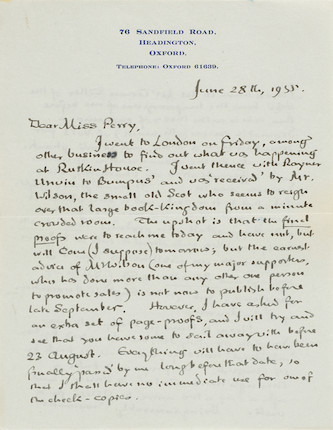 TOLKIEN ON THE LABOR OF LORD OF THE RINGS. TOLKIEN, J.R.R. 1892-1973. Autograph Letter Signed (J.R.R. Tolkien) to Miss F.L. Perry describing his own hobbitness and the laborious creation of The Lord of the Rings, image 1
