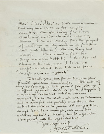 TOLKIEN ON THE LABOR OF LORD OF THE RINGS. TOLKIEN, J.R.R. 1892-1973. Autograph Letter Signed (J.R.R. Tolkien) to Miss F.L. Perry describing his own hobbitness and the laborious creation of The Lord of the Rings, image 2