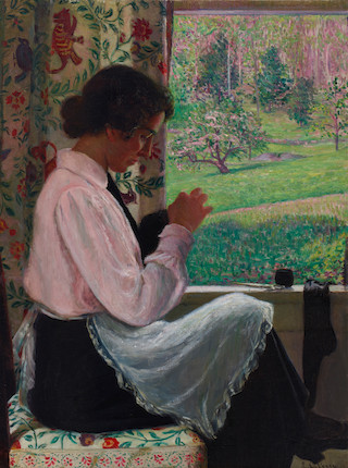 Lilla Cabot Perry (American, 1848-1933) Marie at the Window, Hancock, New Hampshire 40 1/2 x 30 1/8 in. framed 47 5/8 x 37 3/4 in. image 1