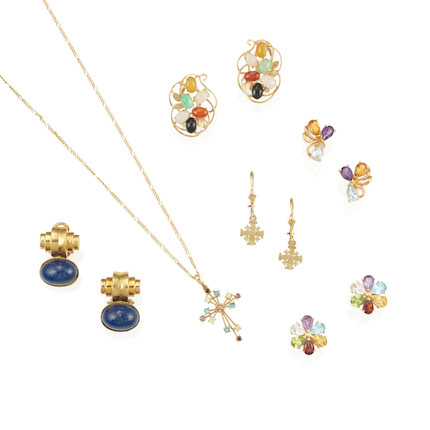 A GROUP OF GOLD, GEM-SET AND DIAMOND EARRINGS image 1