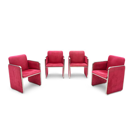 Four Art Deco-style Chromed and Upholstered Armchairs image 1