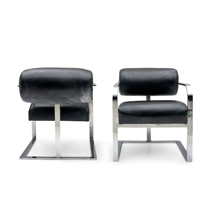 Pair of Contemporary Black Leather Chromed Armchairs image 2