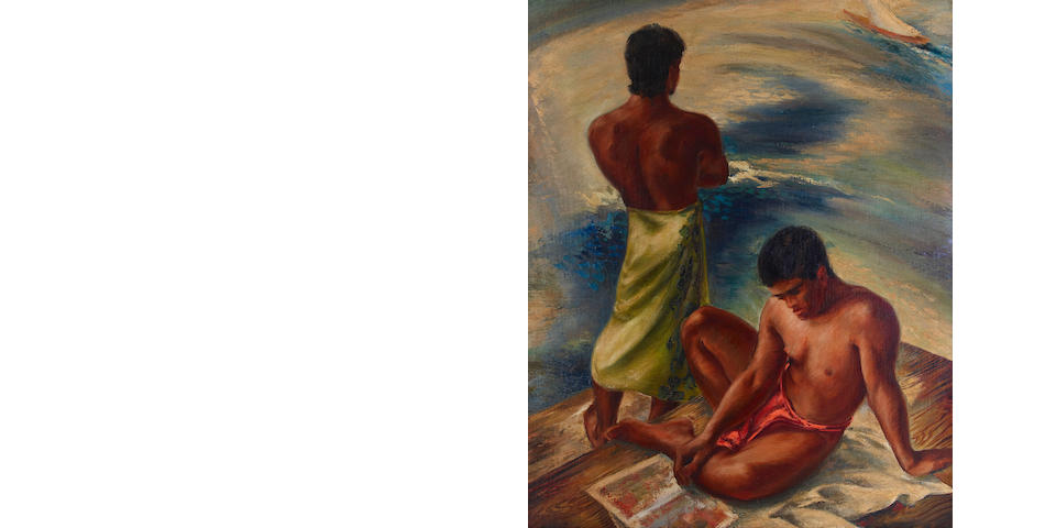 Robert Benjamin (Ben) Norris (1910-2006) Two Young Men 42 x 34 in. (106.7 x 86.4 cm) Painted in 1940. (In a Koa wood frame.)