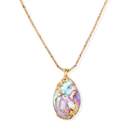 GILBERT ALBERT A GOLD, ABALONE SHELL AND CULTURED PEARL PENDANT NECKLACE image 1