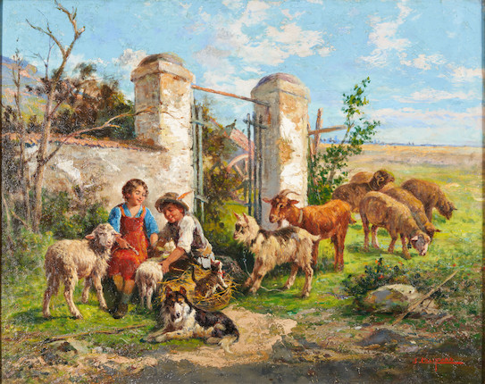 John Edmund Califano (Italian/American, 1862-1946) A Break from Shepherding 24 x 30 in. framed 29 x 35 1/4 x 1 3/4 in. image 1