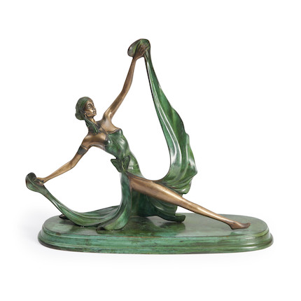 Art Deco Dancer Bronze Sculpture late 20th century, incised signature F. De Pictro. ht. 15 1/2, base, wd. 18, dp. 6 1/2 in. image 1