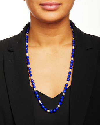 TIFFANY & CO. A 14K GOLD, LAPIS LAZULI AND CULTURED PEARL NECKLACE image 3