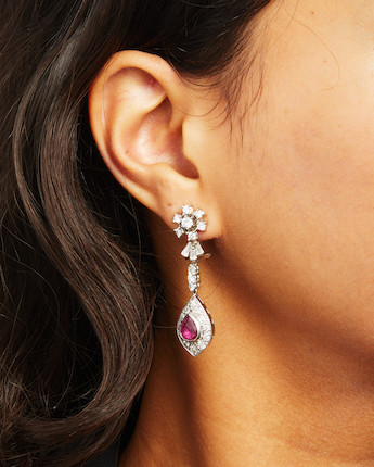 A PAIR OF WHITE GOLD, RUBY AND DIAMOND EARRINGS image 2