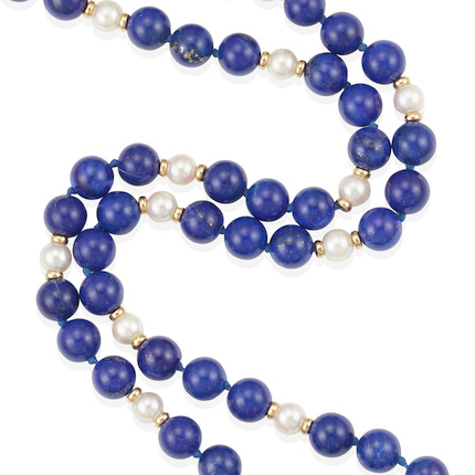 TIFFANY & CO. A 14K GOLD, LAPIS LAZULI AND CULTURED PEARL NECKLACE image 2