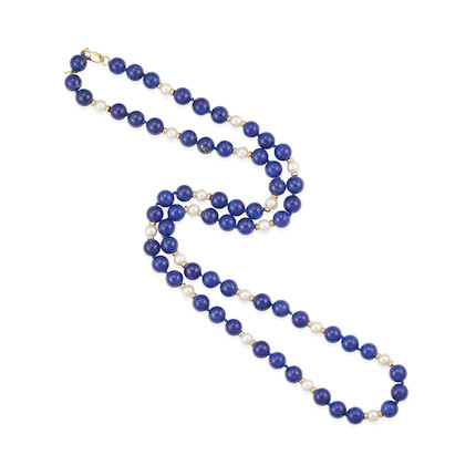 TIFFANY & CO. A 14K GOLD, LAPIS LAZULI AND CULTURED PEARL NECKLACE image 1