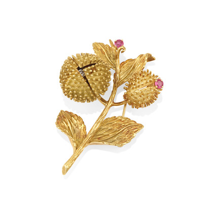 TIFFANY & CO. AN 18K GOLD, RUBY AND DIAMOND BROOCH image 1