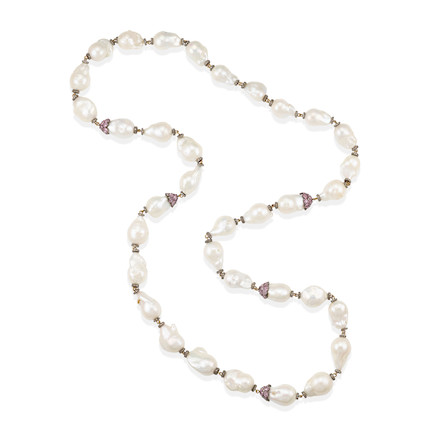 A CULTURED PEARL, PINK SAPPHIRE AND DIAMOND NECKLACE image 1