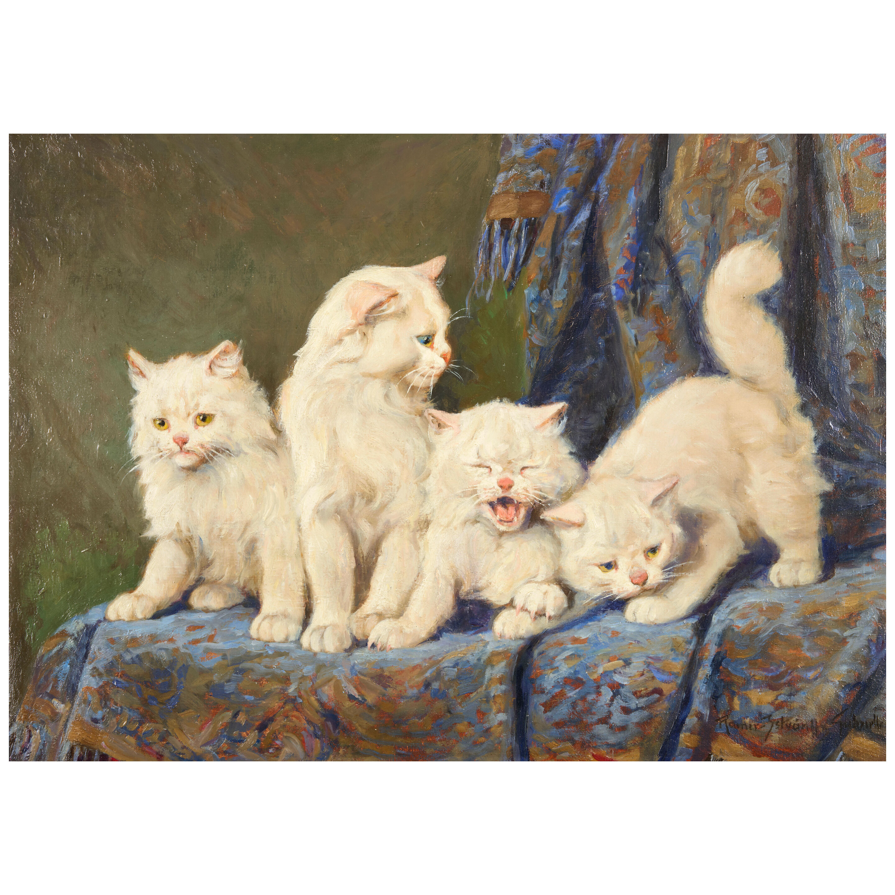 Four White Persian Kittens on a Bed