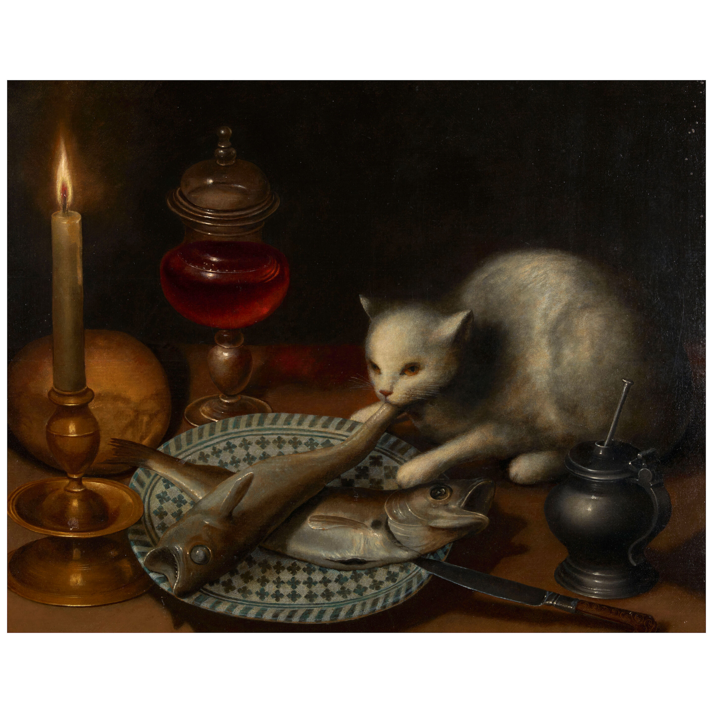 Attributed to Gotthardt de Wedig, Still Life with a Cat Stealing Fish off a Plate