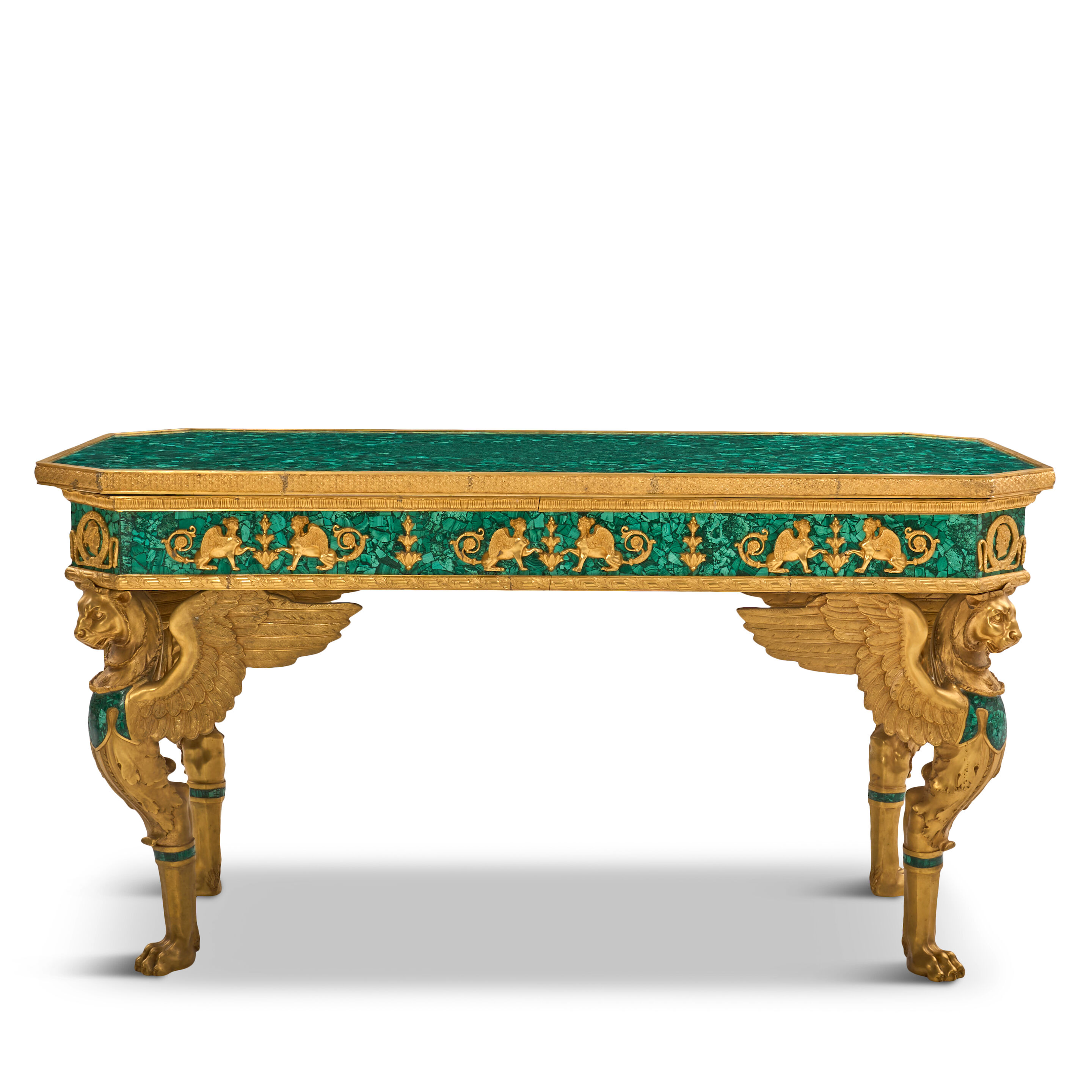 An Empire-style Gilt Bronze Mounted Malachite Center Table, France, early 20th century,