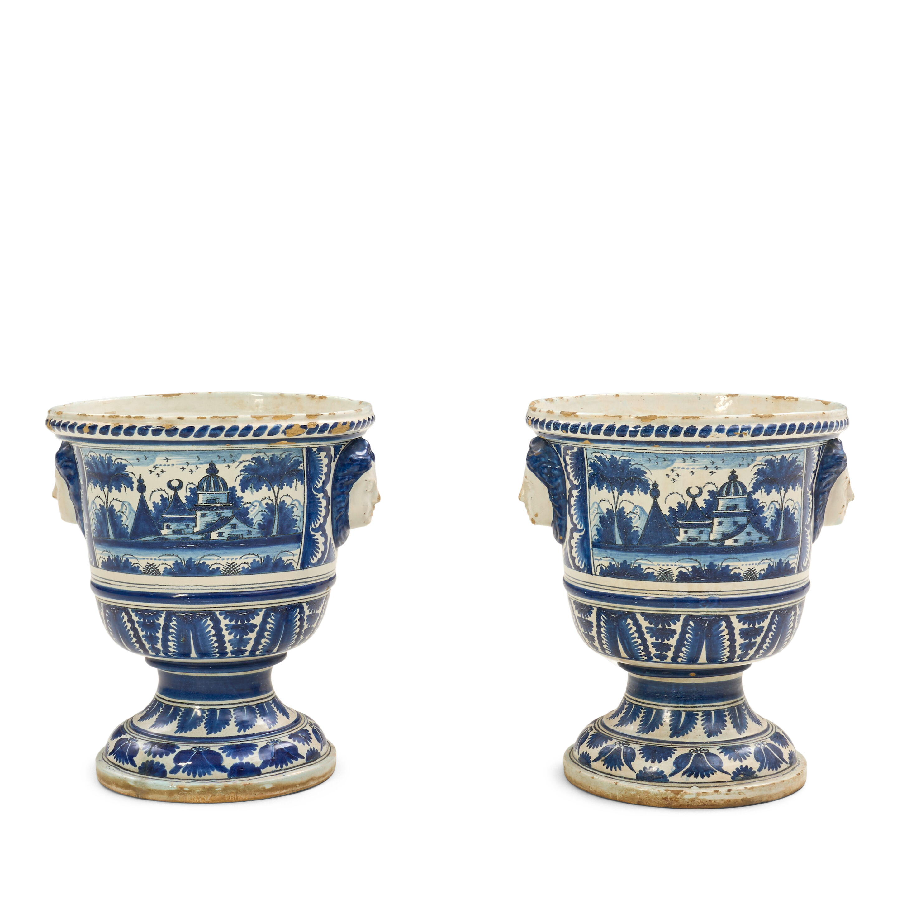 Pair of Tin Glazed Earthenware Blue and White Urns, France, 18th century,