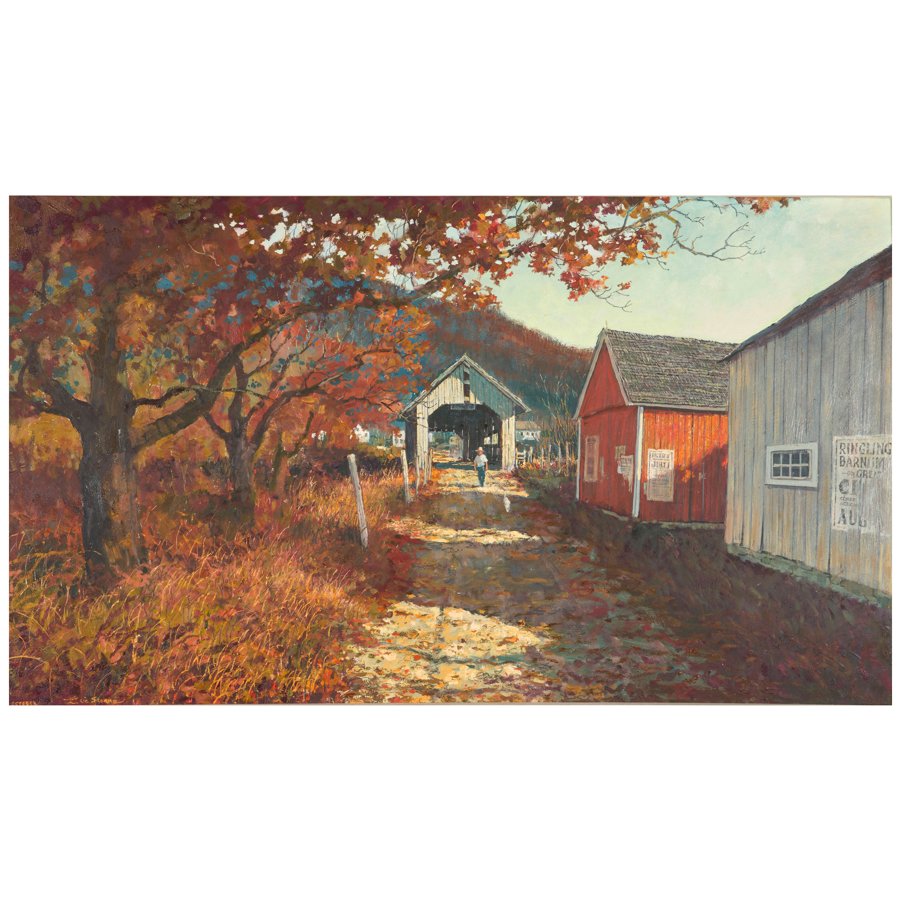 October Landscape with a Covered Bridge and Barns 24 x 42 in. (61 x 106.7 cm.)