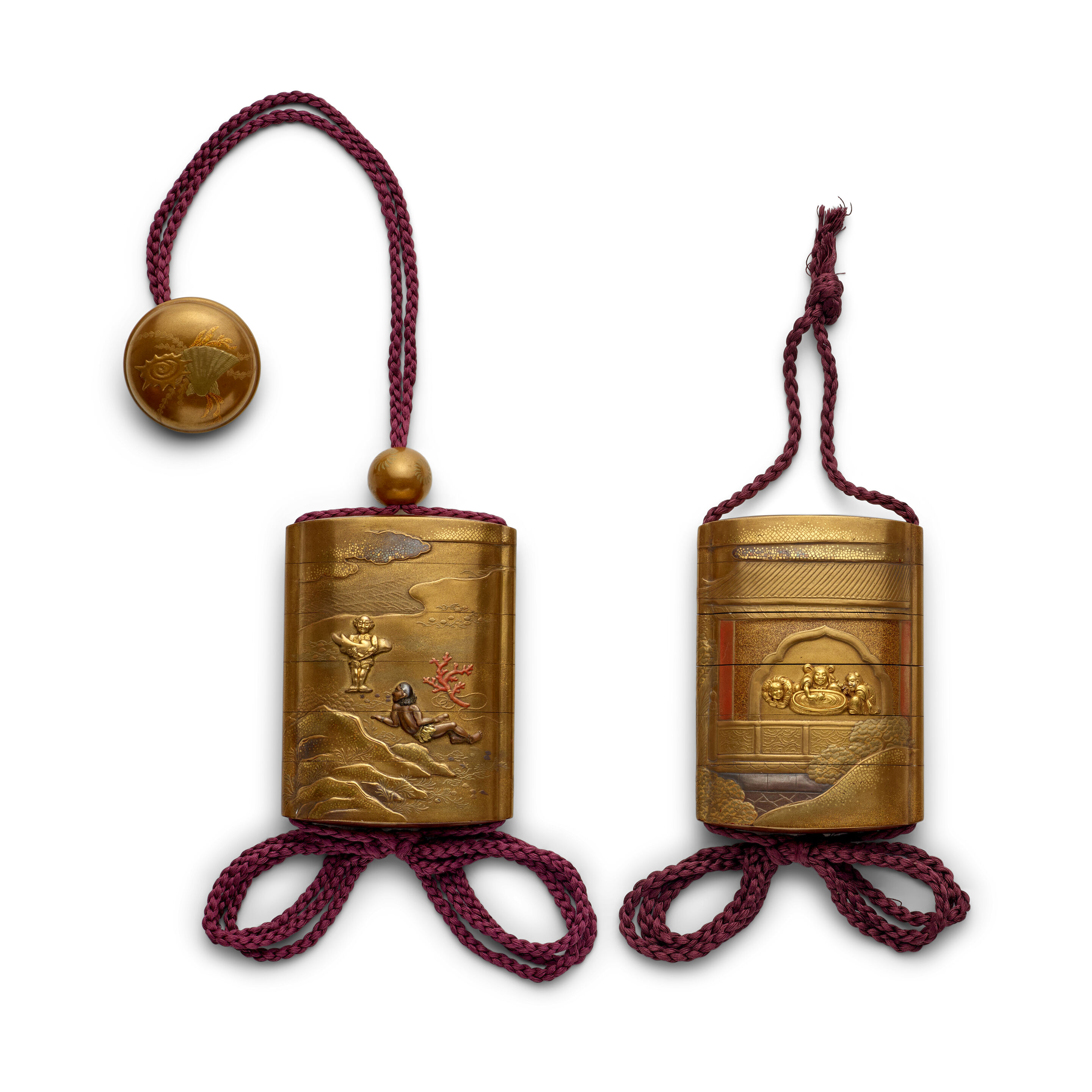Two Metal-Inlaid Lacquer Inrō (Medicine Containers) Showa era (1926-1989), 20th century