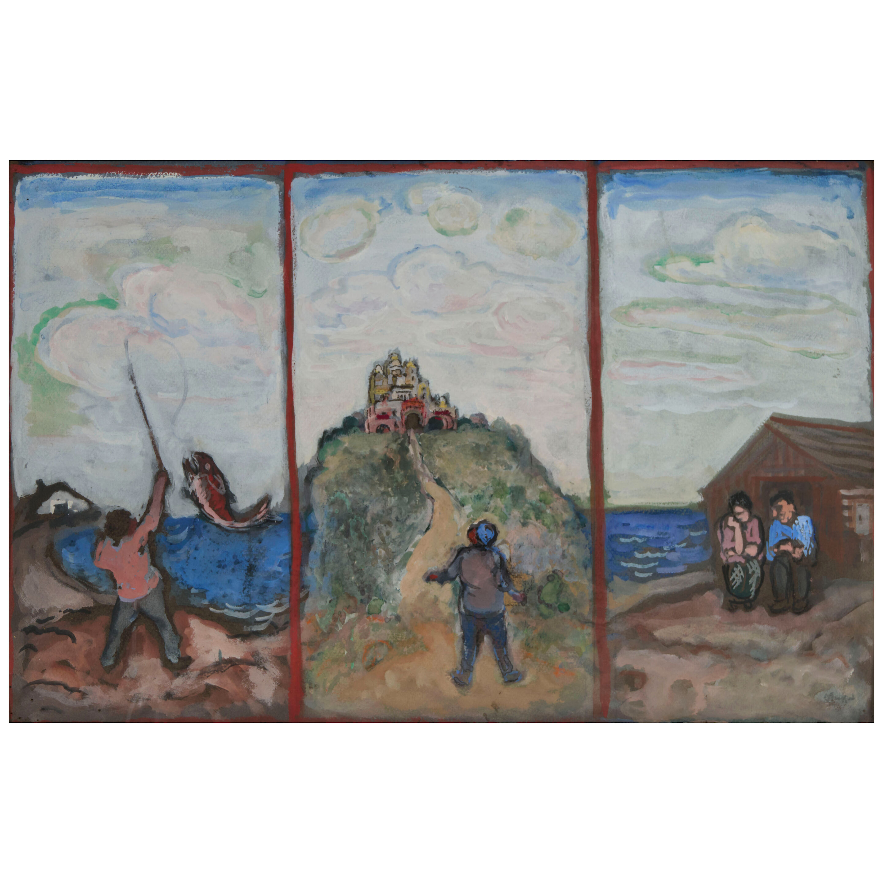 Villagers by the Sea 12 3/4 x 19 5/8 in. (32.5 x 50 cm.)