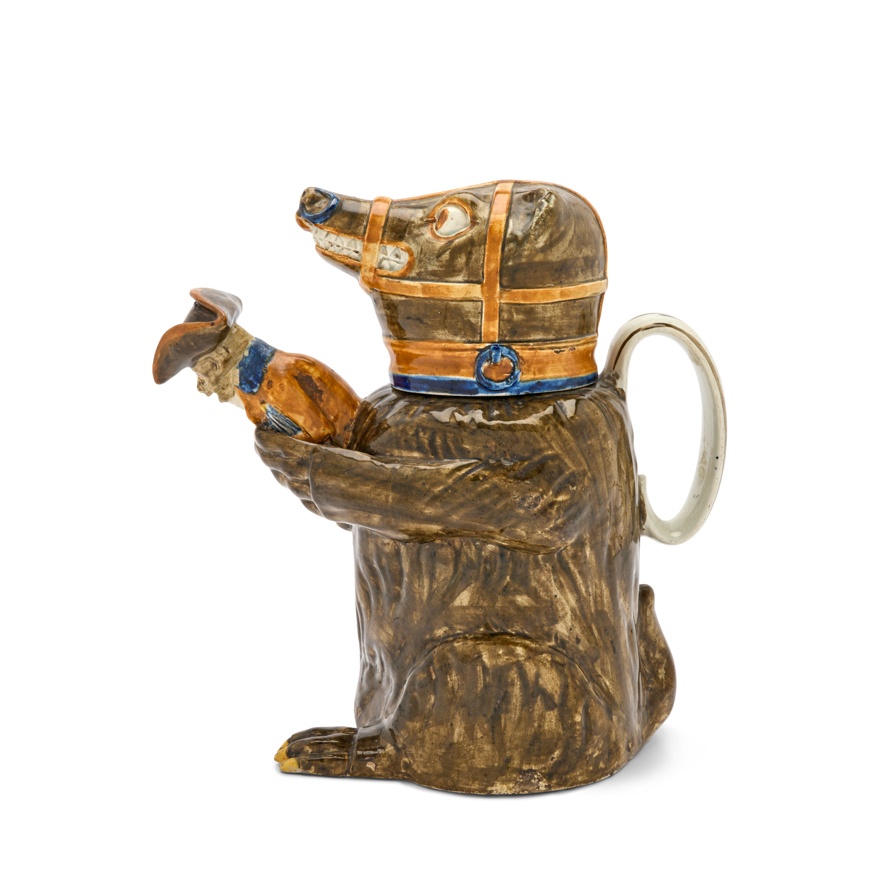 A Prattware 'Napoleonic' Bear Jug and Cover, Circa 1800-15
