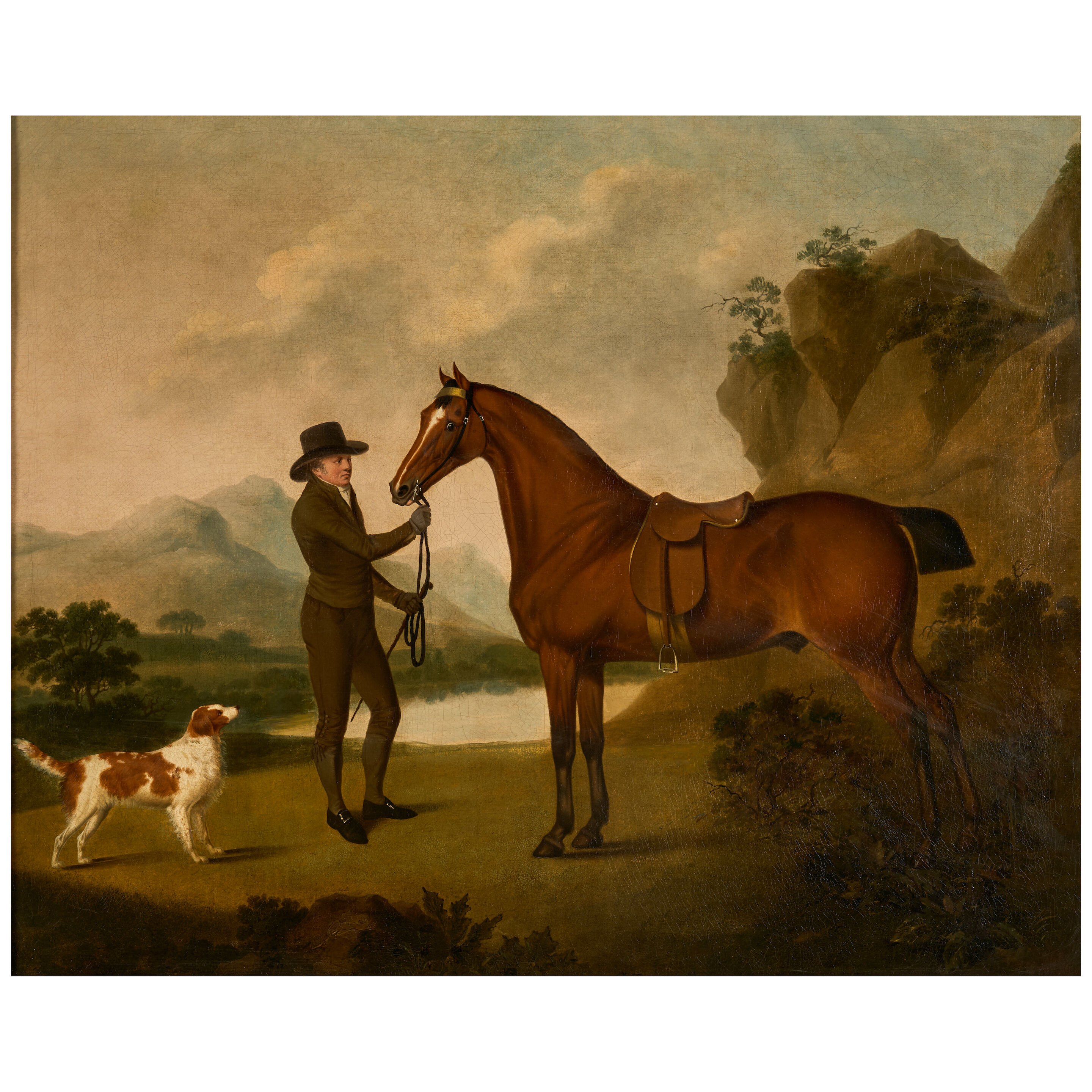 A gentleman with a bay hunter and a spaniel in a river landscape