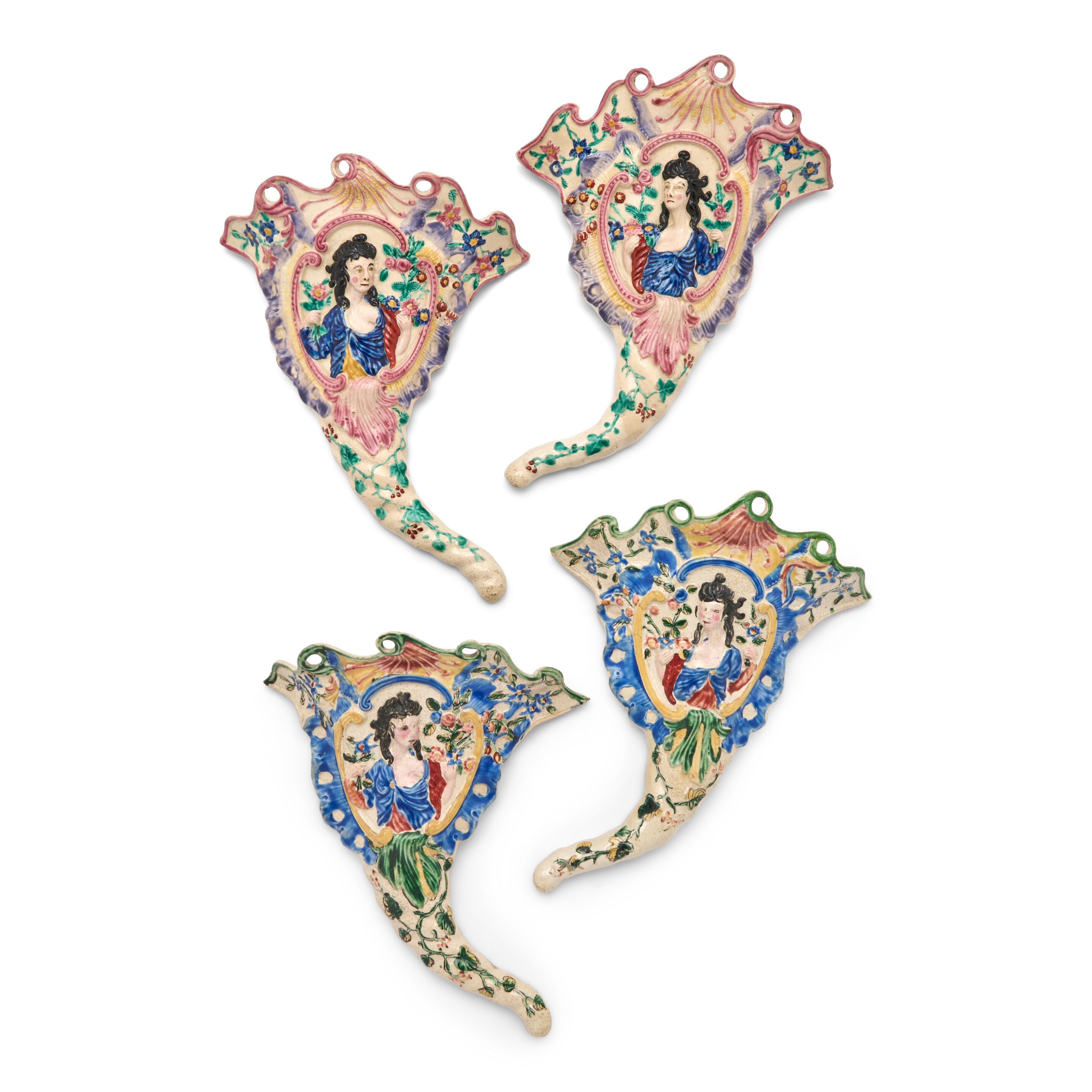 Two Pairs of Staffordshire Salt-glazed Stoneware Wall Pockets, Circa 1765