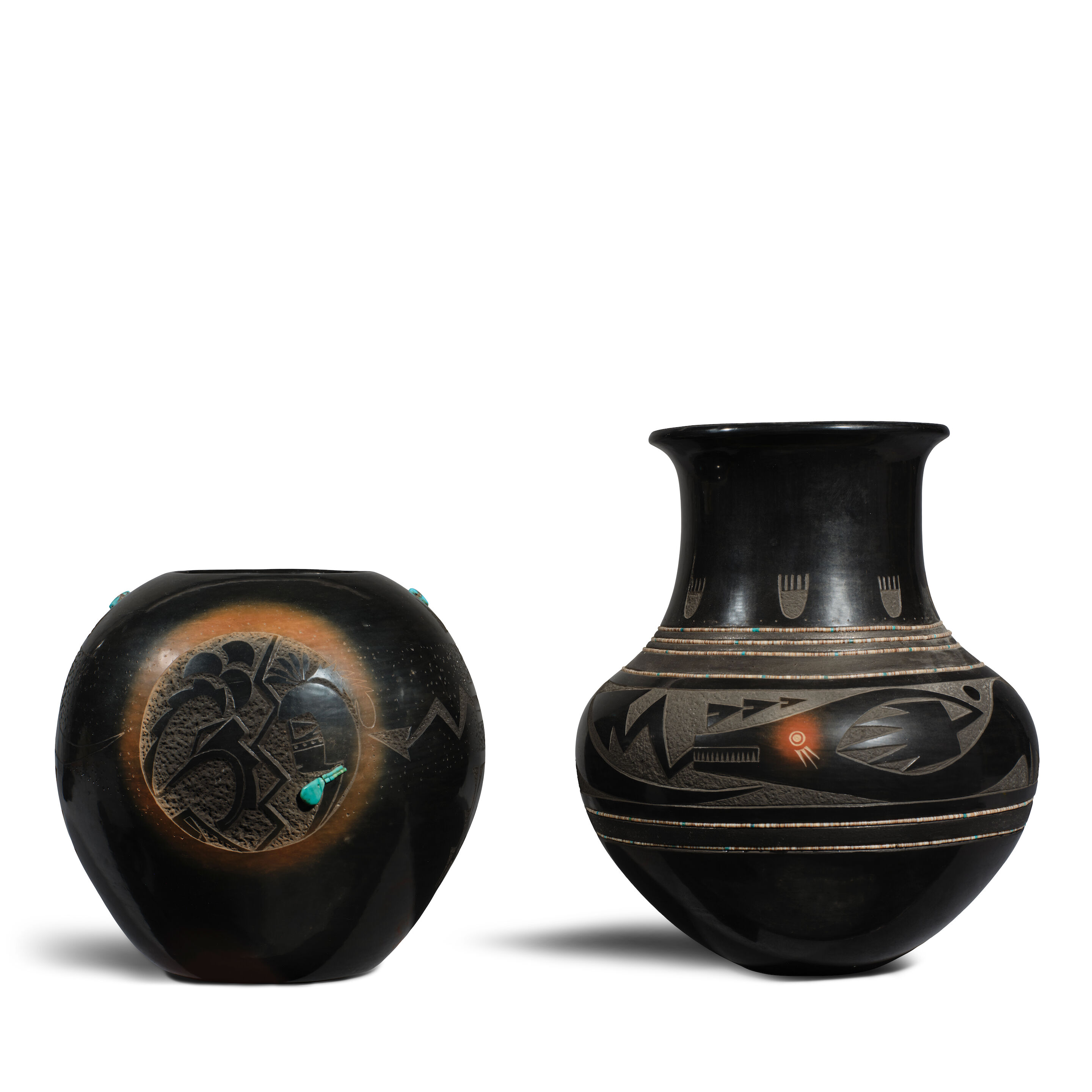 Two Russell Sanchez sgraffito blackware vessels diameter 8in
