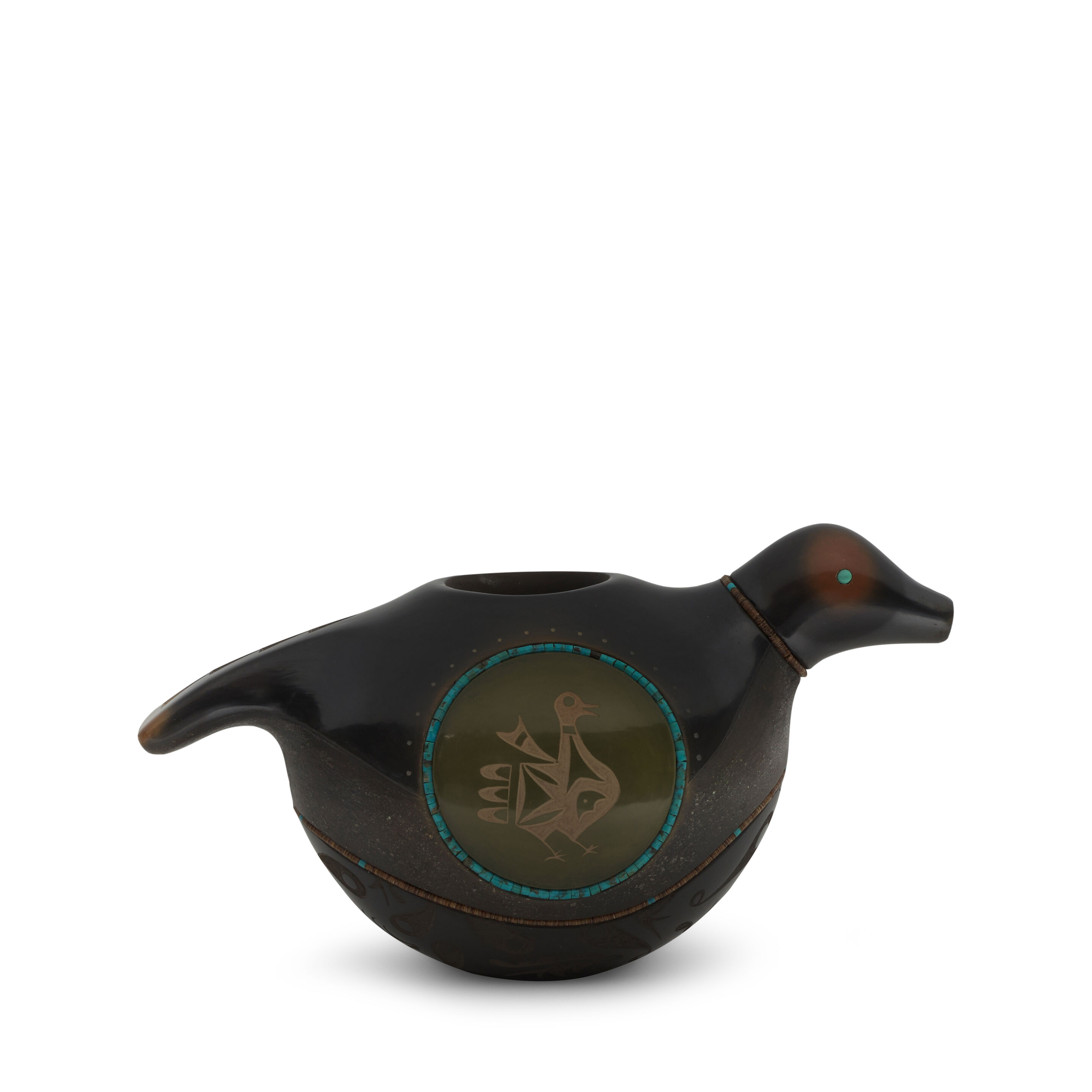 A Russell Sanchez sgraffito blackware bird effigy vessel