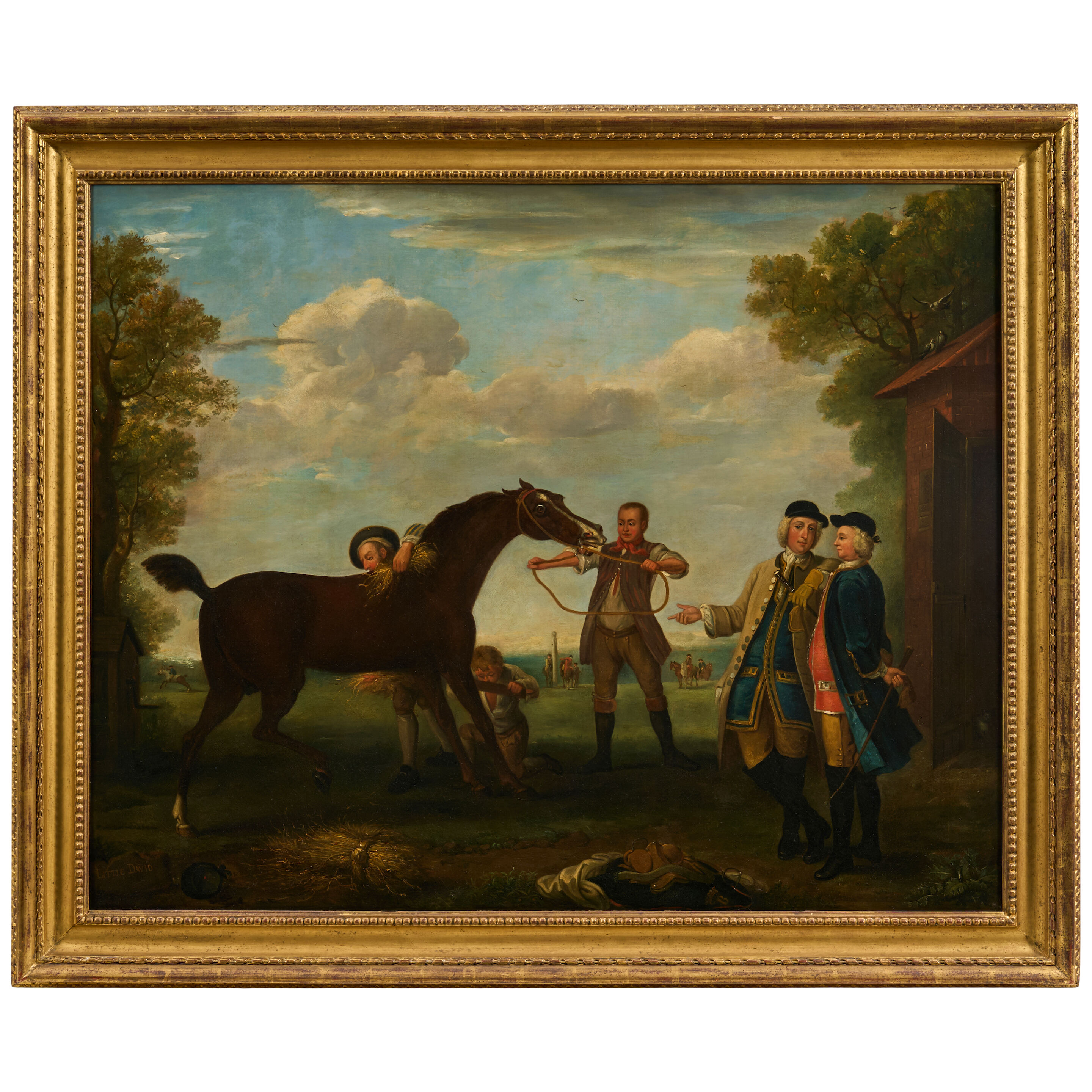 Little David, a bay thoroughbred belonging to Sir Watkin Williams Wynn, being rubbed down at Newmarket, with the 3rd Duke of Beaufort and Sir Watkin Williams Wynn standing beside