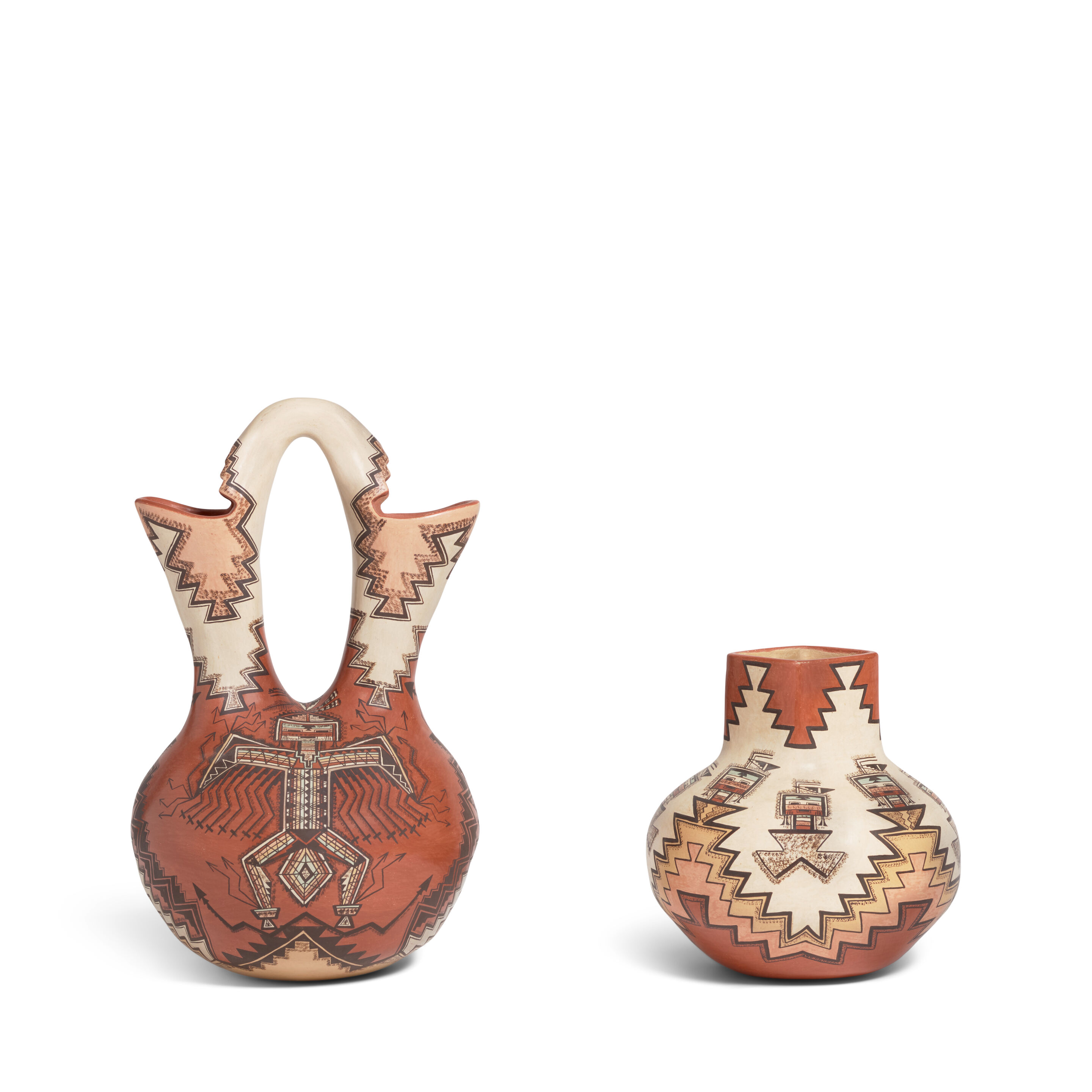 Two Lucy Leuppe McKelvey polychrome pottery vessels