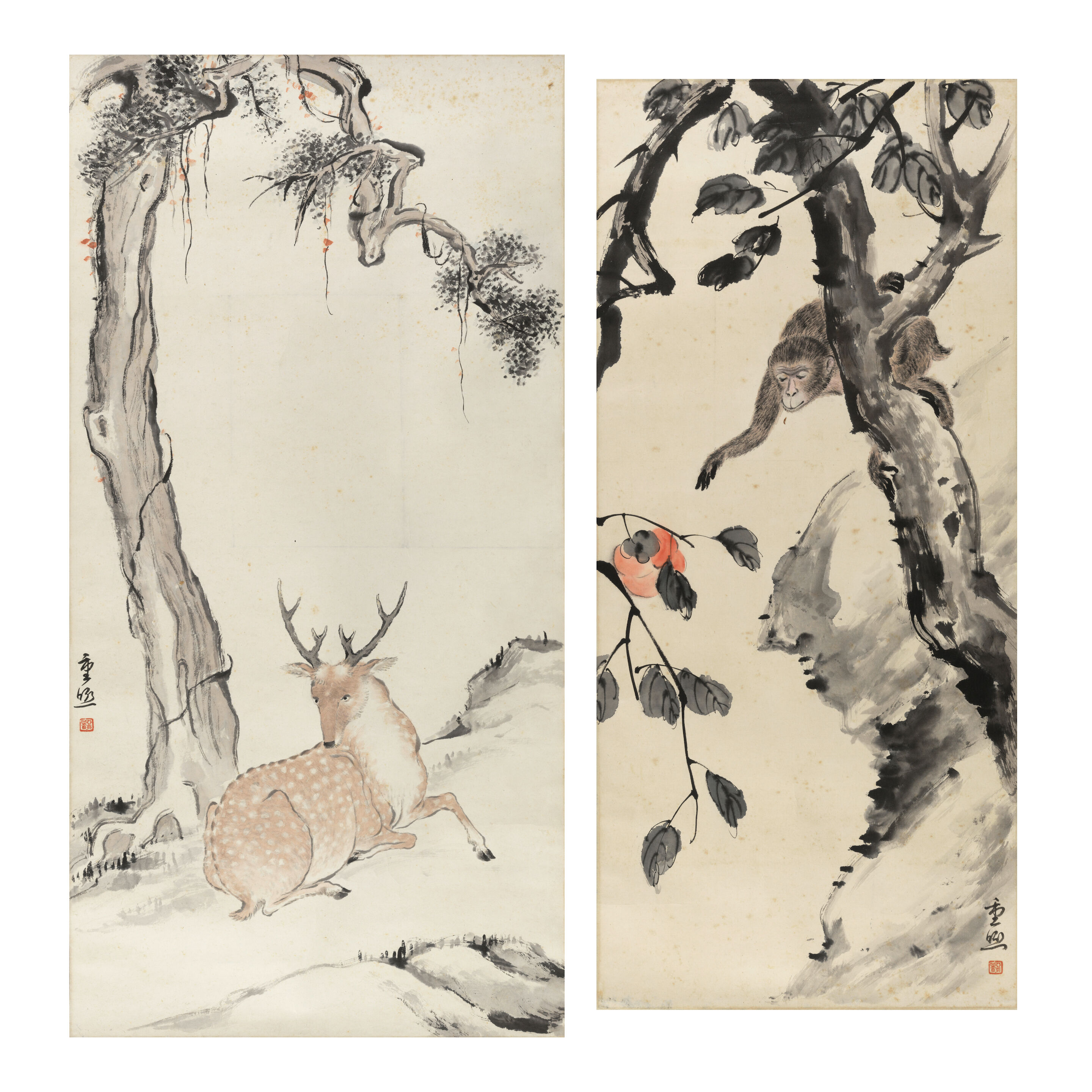 Recumbent Deer; Monkey and Persimmon