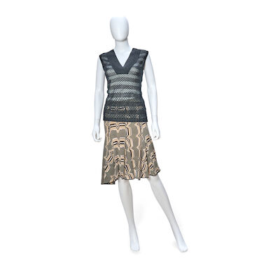 MISSONI: BLACK LUREX SLEEVLESS TOP AND MULTICOLOR GEOMETRIC MIDI SKIRT