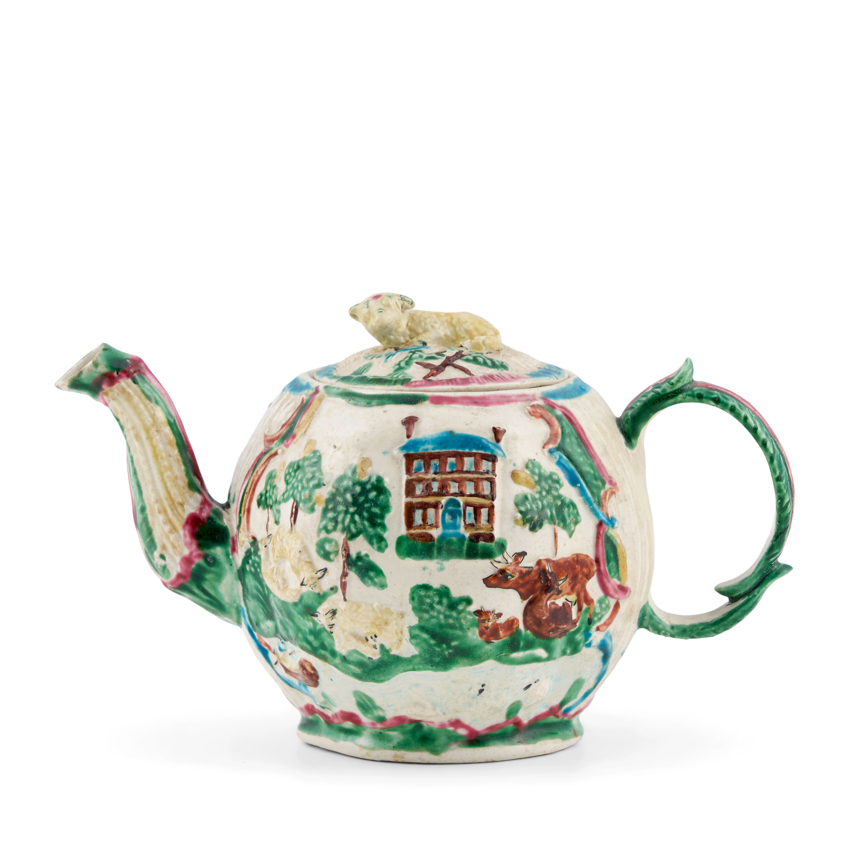 A Staffordshire Salt-glazed Stoneware 'Landskip' Teapot and Cover, Circa 1765