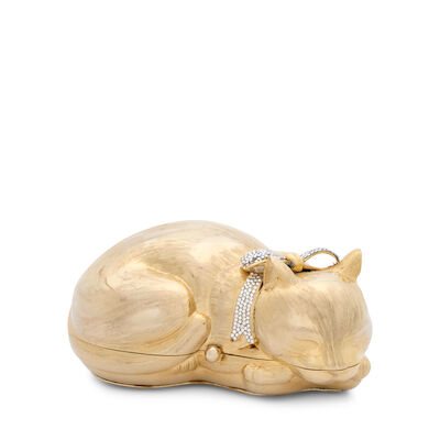 JUDITH LEIBER: GOLD TONE SLEEPING CAT MINAUDIERE