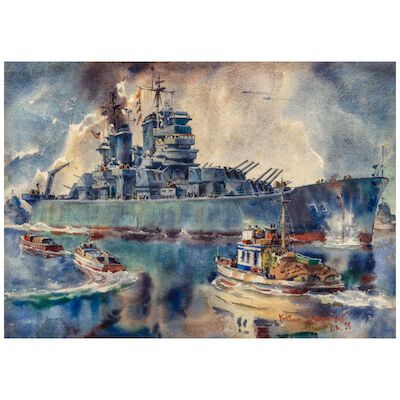 ARTHUR BEAUMONT (1890-1978) Let Go Starboard Anchor (USS St. Paul, Long Beach, California) sight 14 3/4 x 21 in. (Executed in 1955.)