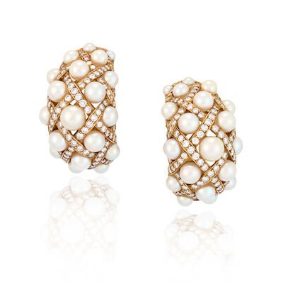 CHANEL: A PAIR OF 18K GOLD, CULTURED PEARL, AND DIAMOND 'MATELASSE' EARRINGS, FRANCE