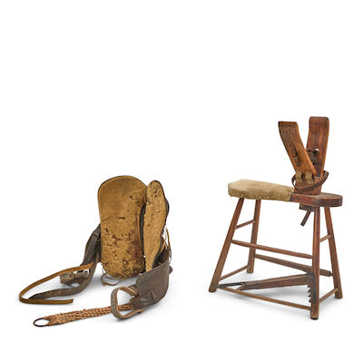 Leather Saddle and Wooden Stitching Horse, 20th century