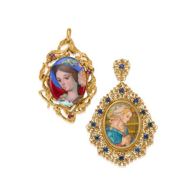 TWO GOLD, GEMSTONE AMD ENAMEL PORTRAIT PENDANT