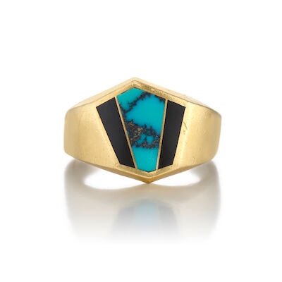 14K GOLD, TURQUOISE AND ONYX RING